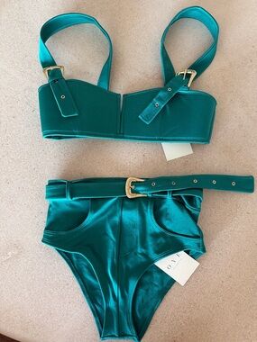 Teal High-Waist Bikini Set with Gold Buckle — Women Swim Bikini